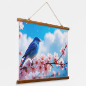 Blue Bird on Cherry Blossom Branch 吊り下げ型タペストリー (傾斜あり)