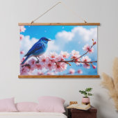 Blue Bird on Cherry Blossom Branch 吊り下げ型タペストリー (寝室)
