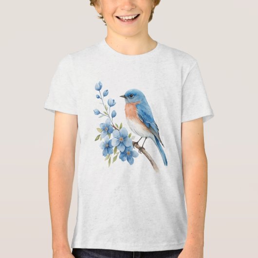 Blue bird with blue flowers トライブレンドＴシャツ (正面)