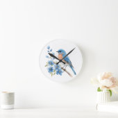 Blue bird with blue flowers ラウンド壁時計 (ホーム)