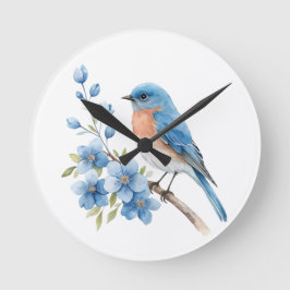 Blue bird with blue flowers ラウンド壁時計