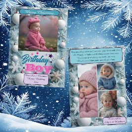 Blue Birthday Boy White Christmas Snowflakes Photo シーズンカード