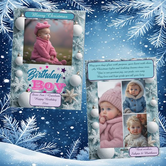 Blue Birthday Boy White Christmas Snowflakes Photo シーズンカード