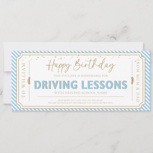 Blue Birthday Driving Lessons Gift Voucher Card 招待状 (正面)