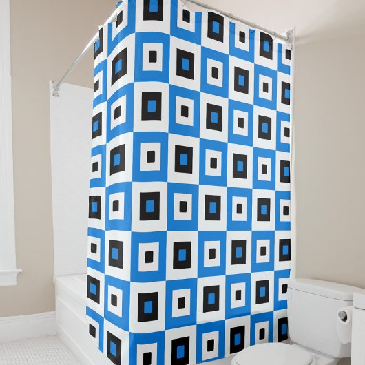 Blue Black and White Checkered Squares Pattern シャワーカーテン