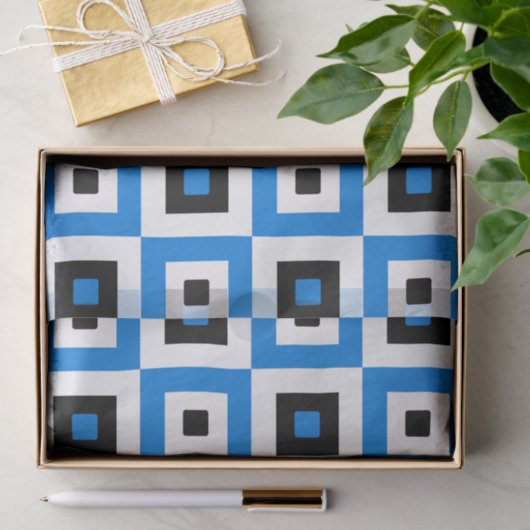 Blue Black and White Checkered Squares Pattern 薄葉紙 (ギフト)