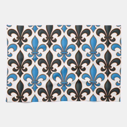 Blue Black Baroque Fleur-de-lis Pattern Design  キッチンタオル (横)