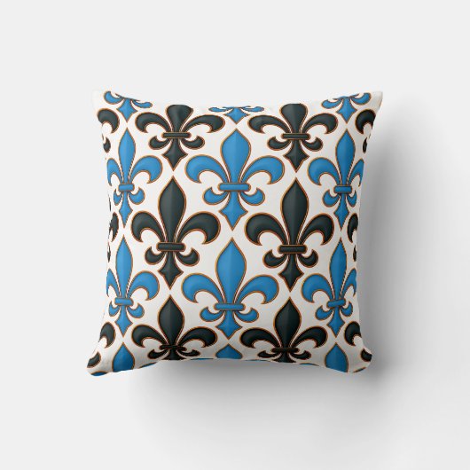 Blue Black Baroque Fleur-de-lis Pattern Design  クッション (裏面)