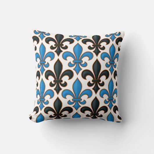 Blue Black Baroque Fleur-de-lis Pattern Design  クッション (正面)