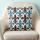 Blue Black Baroque Fleur-de-lis Pattern Design  クッション