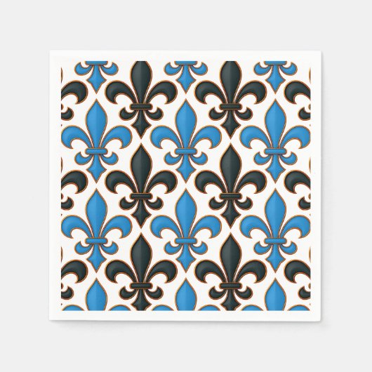 Blue Black Baroque Fleur-de-lis Pattern Design スタンダードカクテルナプキン (正面)
