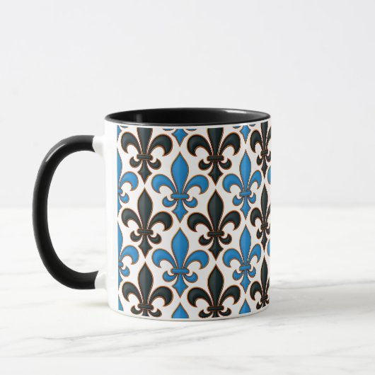 Blue Black Baroque Fleur-de-lis Pattern Design マグカップ (左)