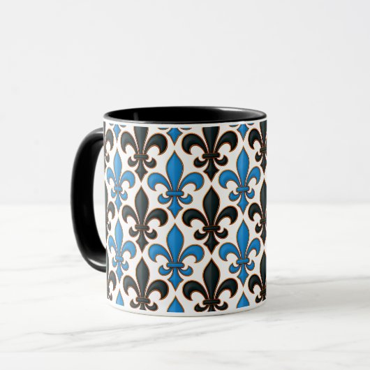Blue Black Baroque Fleur-de-lis Pattern Design  マグカップ (正面左)