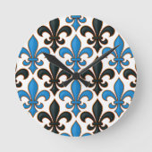 Blue Black Baroque Fleur-de-lis Pattern Design  ラウンド壁時計 (正面)