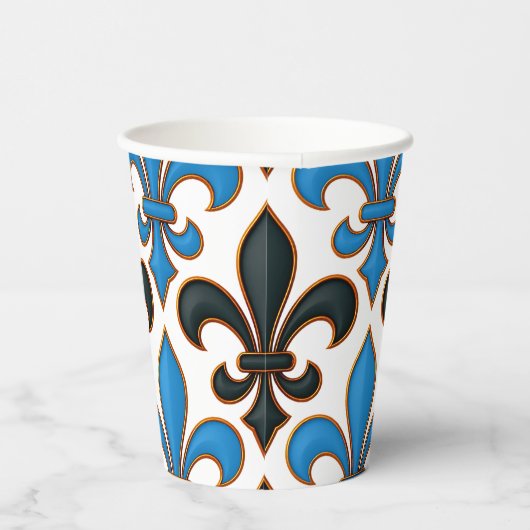 Blue Black Baroque Fleur-de-lis Pattern Design  紙コップ (右)