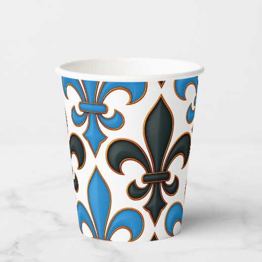 Blue Black Baroque Fleur-de-lis Pattern Design  紙コップ (正面)