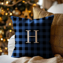 Blue Black Buffalo Plaid Monogram Holiday クッション