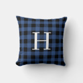 Blue Black Buffalo Plaid Monogram Holiday クッション (正面)
