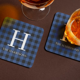 Blue Black Buffalo Plaid Monogram Holiday コースター