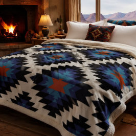 Blue Black Orange Southwestern Aztec Geometric シェルパブランケット