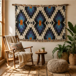 Blue Black Orange Southwestern Aztec Geometric スローブランケット