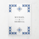 Blue Black Ukrainian Embroidery QR Code Wedding 三つ折り招待状 (カバー)