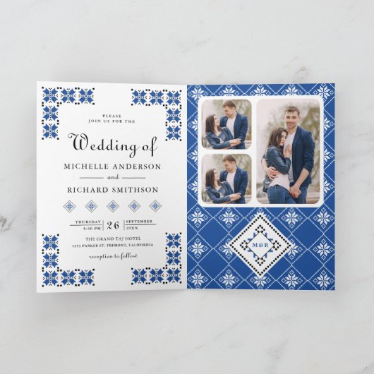 Blue Black Ukrainian Embroidery QR Code Wedding 招待状 (内部)