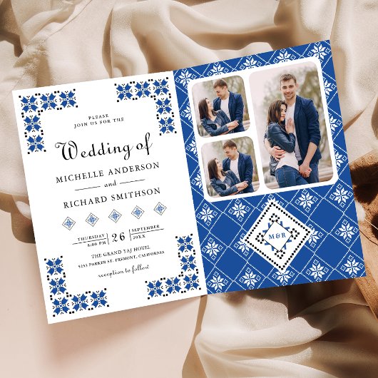 Blue Black Ukrainian Embroidery QR Code Wedding 招待状