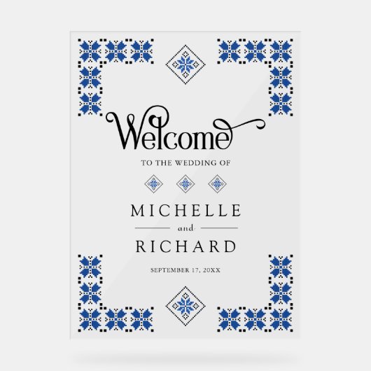 Blue Black Ukrainian Wedding Welcome アクリルサイン (正面)