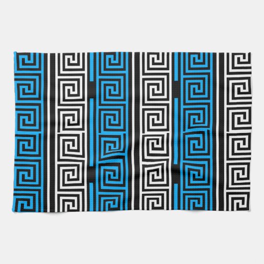 Blue Black White Greek Key Fret Pattern Design  キッチンタオル (横)