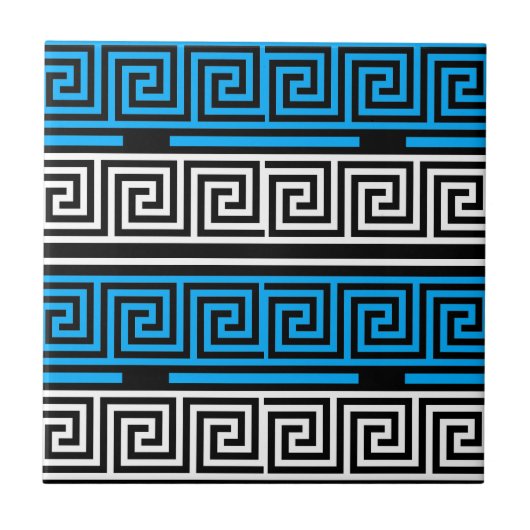 Blue Black White Greek Key Fret Pattern Design  タイル (正面)