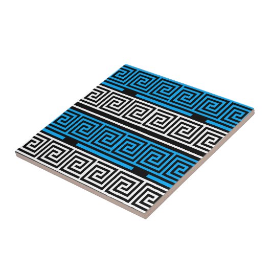 Blue Black White Greek Key Fret Pattern Design  タイル (側面)