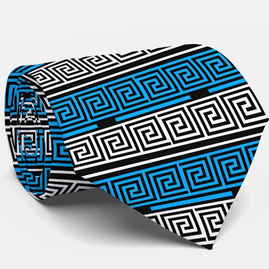 Blue Black White Greek Key Fret Pattern Design  ネクタイ