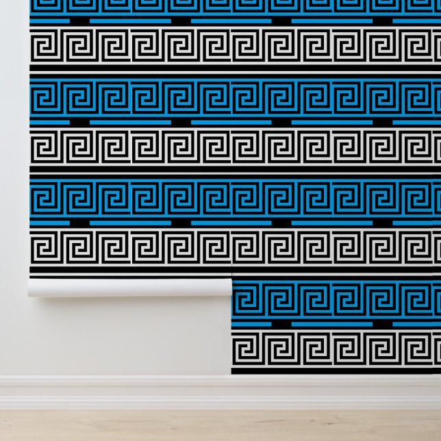 Blue Black White Greek Key Fret Pattern Design  壁紙 (クリエイターアップロード済み)