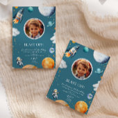 Blue Blast Off Photo Space Theme Kids Birthday 招待状