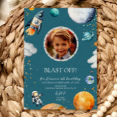 Blue Blast Off Photo Space Theme Kids Birthday 招待状