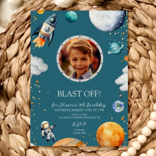 Blue Blast Off Photo Space Theme Kids Birthday 招待状