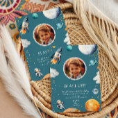 Blue Blast Off Photo Space Theme Kids Birthday 招待状