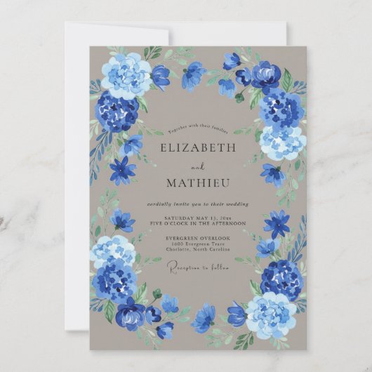 Blue Bloom Wreath Wedding 招待状 (正面)