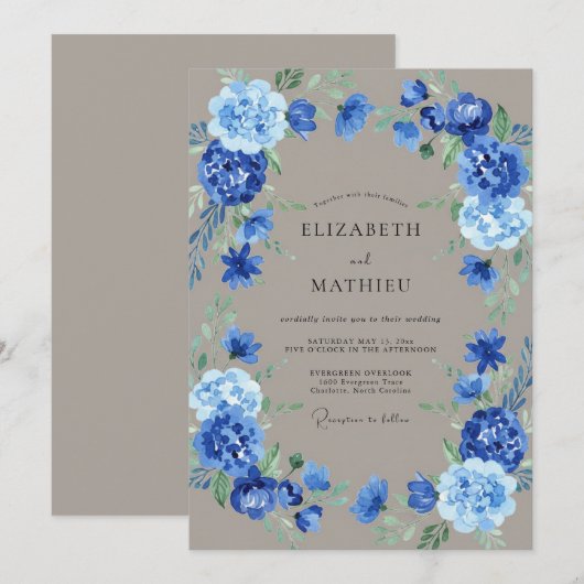 Blue Bloom Wreath Wedding 招待状 (正面/裏面)