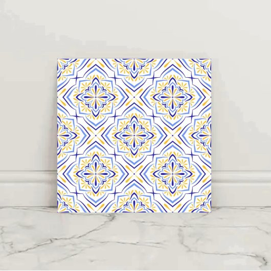 Blue Blossom Elegant Mediterranean Floral Mosaic タイル