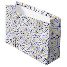 Blue Blossom Elegant Mediterranean Floral Mosaic ラージペーパーバッグ