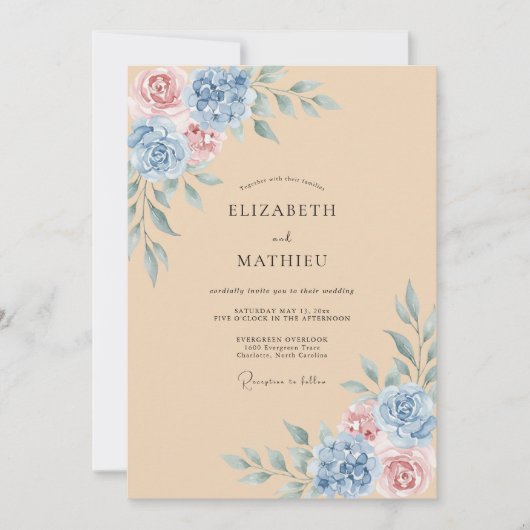 Blue Blush Botanical Flourish Wedding 招待状 (正面)