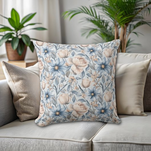 Blue & Blush Botanical Watercolor クッション