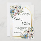Blue Blush Flower Frame Elegant Wedding Invitation 招待状 (正面)