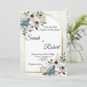 Blue Blush Flower Frame Elegant Wedding Invitation 招待状 (スタンド正面)