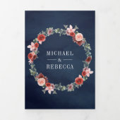 Blue Blush Pink Burgundy Floral Rose Gold Wedding 三つ折り招待状 (カバー)