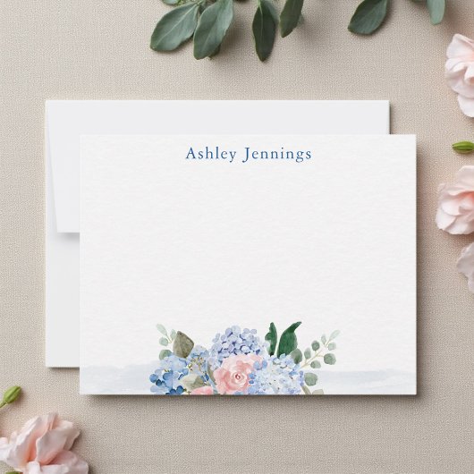 Blue & Blush Watercolor Floral Note Card ノートカード