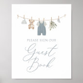 Blue Boho Baby Clothes Baby Shower Guest Book Sign ポスター (正面)