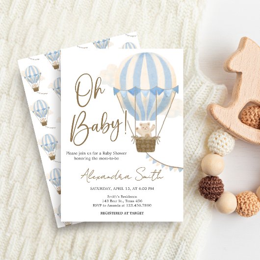 Blue Boho Bear Baby Shower  招待状